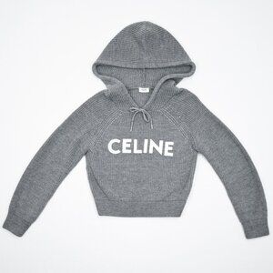 S CELINE Wool Hooded Knit Sweater Logo Branded